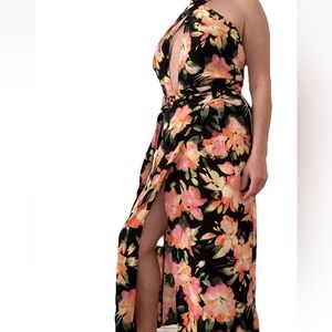 H&M Black Floral Halter Wrap Midi Dress Size S Orange Pink Viscose NWOT